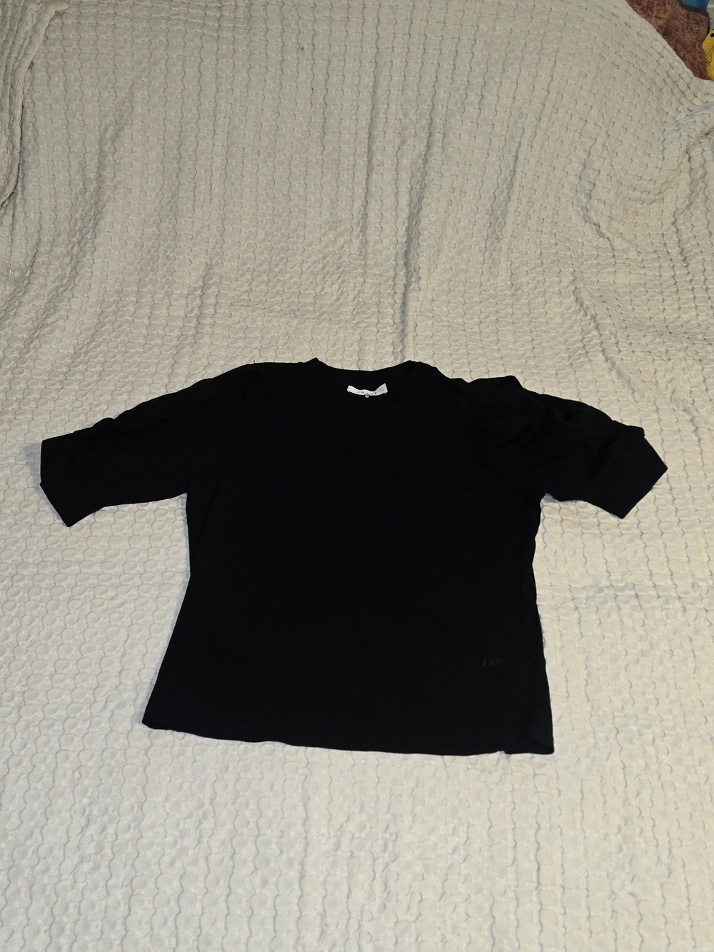 FRAME Noir Black Drape Puff Sleeve Organic Cotton Crewneck Tee Top XL EUC